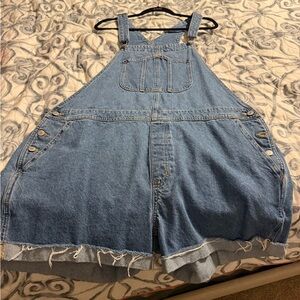 Denim Overalls with Frayed Hem